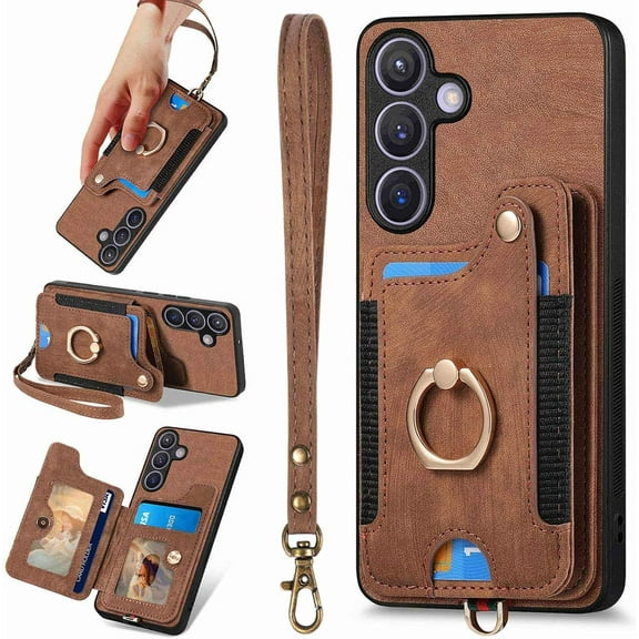 S24 Plus Case,Card Holder Wallet for Samsung Galaxy S24 Plus Case,Ring Stand,RFID-Blocking,Wrist Strap,Camera Lens Protector,Leather Protective Flip Cover for Galaxy S24 Plus (Brown)