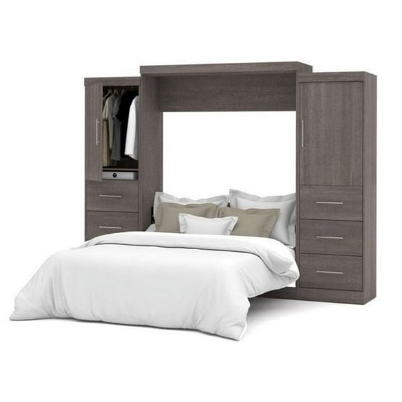 Bowery Hill 115" Queen Wall Bed Kit with 6 Drawer Set in Bark Gray