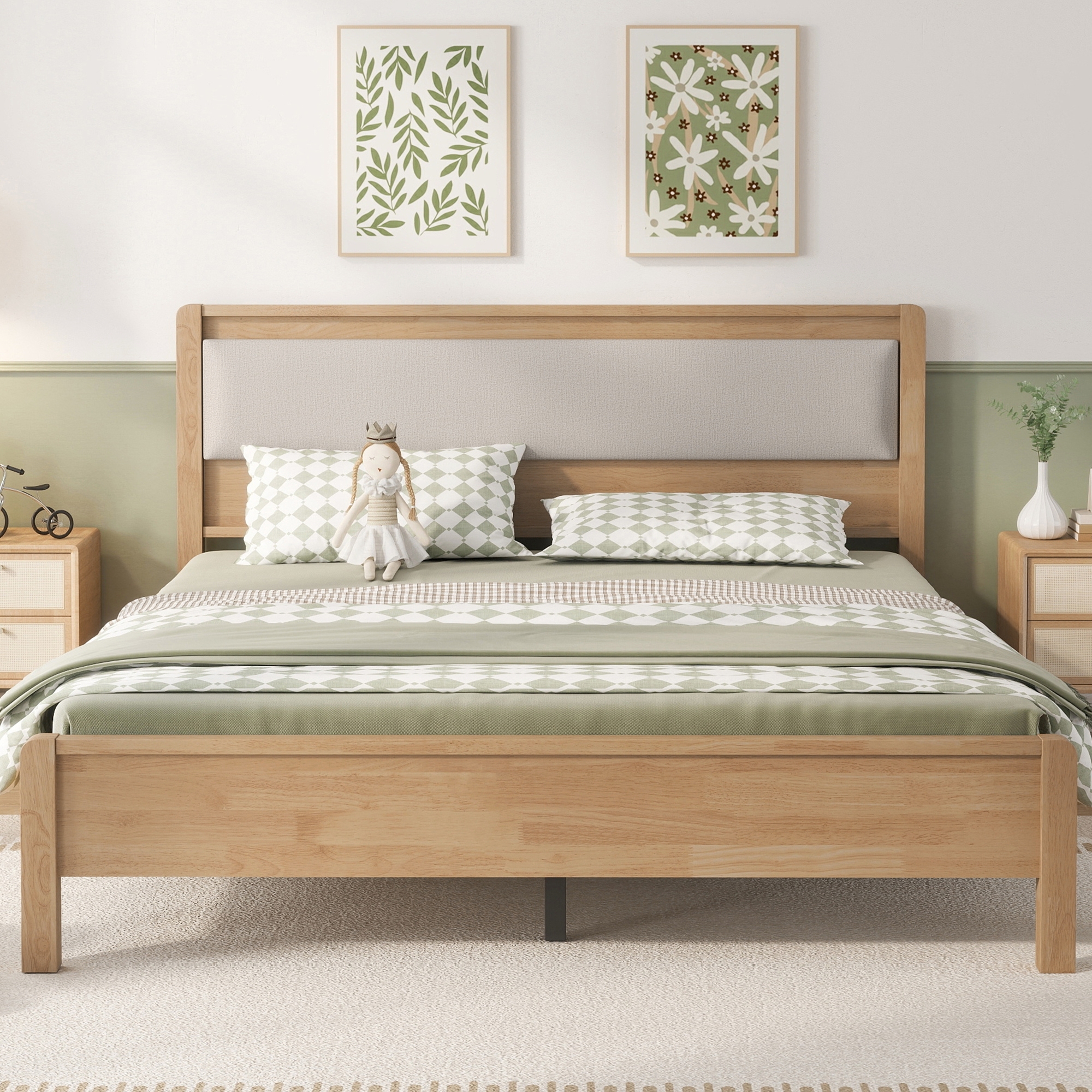 HOQBN Queen Solid Rubberwood Bed Frame with Upholstered Headboard, Reinforced Central Support Legs for Bedroom Natural