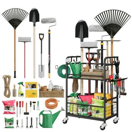 

Leeten Garden Tool Organizer with Wheels Cleaning Tool Storage Rack Metal Tool Stand for Outdoor Courtyard Garage