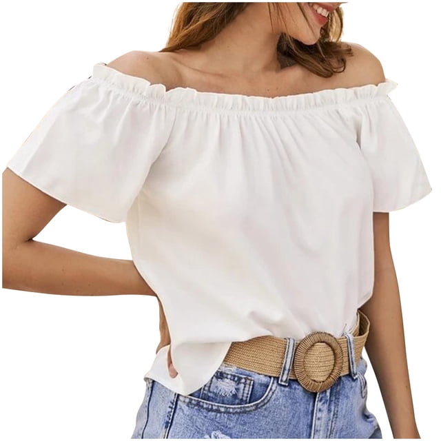 Camisas de Color Sólido para Mujeres Blusas de Hombro con Mangas Cortas Plisadas, Camisas de Verano Ligeras para Ocasional Y Fiesta