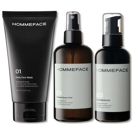 HOMMEFACE Daily Trio Skin Care Set for Men, 3-Step Routine - Includes a Daily Face Wash, Herbal Spray Toner, and Face Moisturizer