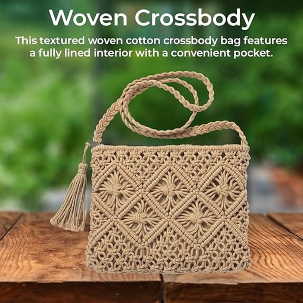 Woven Crossbody Bag for Women, Cotton Macramé Purse with Tassels, Boho Crochet Beach Summer Handbag for Vacations, 10” x 8”