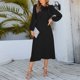 thumbnail image 5 of Vestido midi liso fruncido de verano para mujer, elegante vestido de oficina con cuello redondo y manga larga con lazo, vestido de moda elegante y ajustado para mujer, 5 of 5