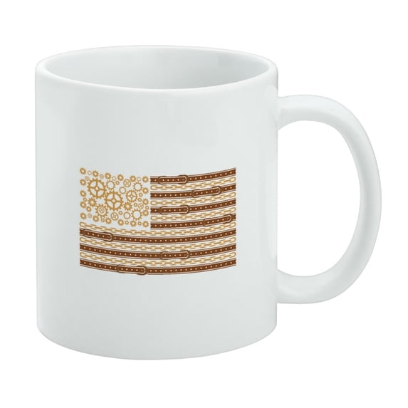Steampunk American Flag with Gears Belts Chains White Mug