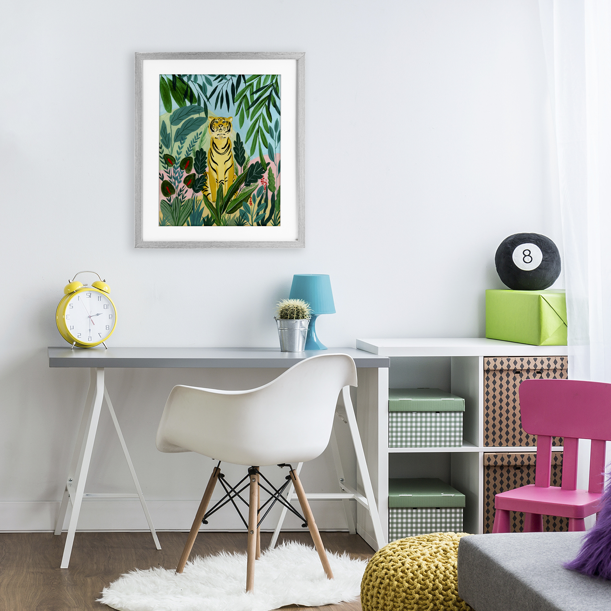 Stoic Tiger Tropical Forest Gray Framed Print Under Glass, design by Nabeela Rumi