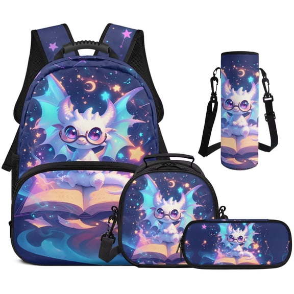XYZCANDO Baby Dragon School Backpack Set 4Pcs with Portable Lunch Bag Multifunctional Pencil Case Water Bottle Bag Carrier Suitable for Elementary Middle School