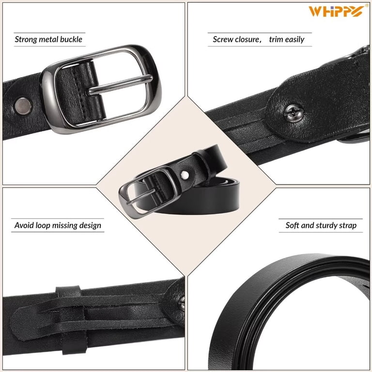 Whippy Women's Leather Belt with Pin Buckle, Black photo 7
