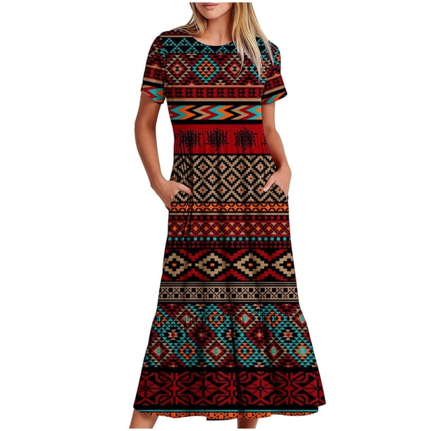Puntoco Vestido Midi De Moda Para Mujer Vestido Con Cuello Redondo Y Manga Corta Con Dos Bolsillos En Capas Con Estampado Geométrico Pop Borgoña S,Regalos Para Mujer Joven