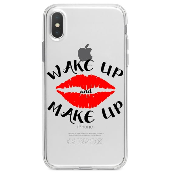 DistinctInk Clear Shockproof Hybrid Case for iPhone XR (6.1" Screen) - TPU Bumper Acrylic Back Tempered Glass Screen Protector - Wake Up and Make Up