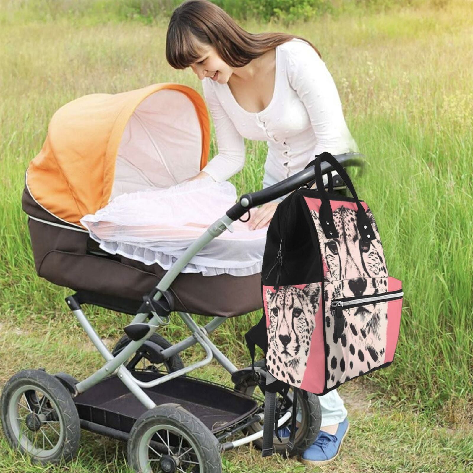 Ratiio Pink Cheetah Art Mummy Backpack - Waterproof Twill Canvas, Large Capacity Diaper Bag with Multiple Pockets and Adjustable Straps