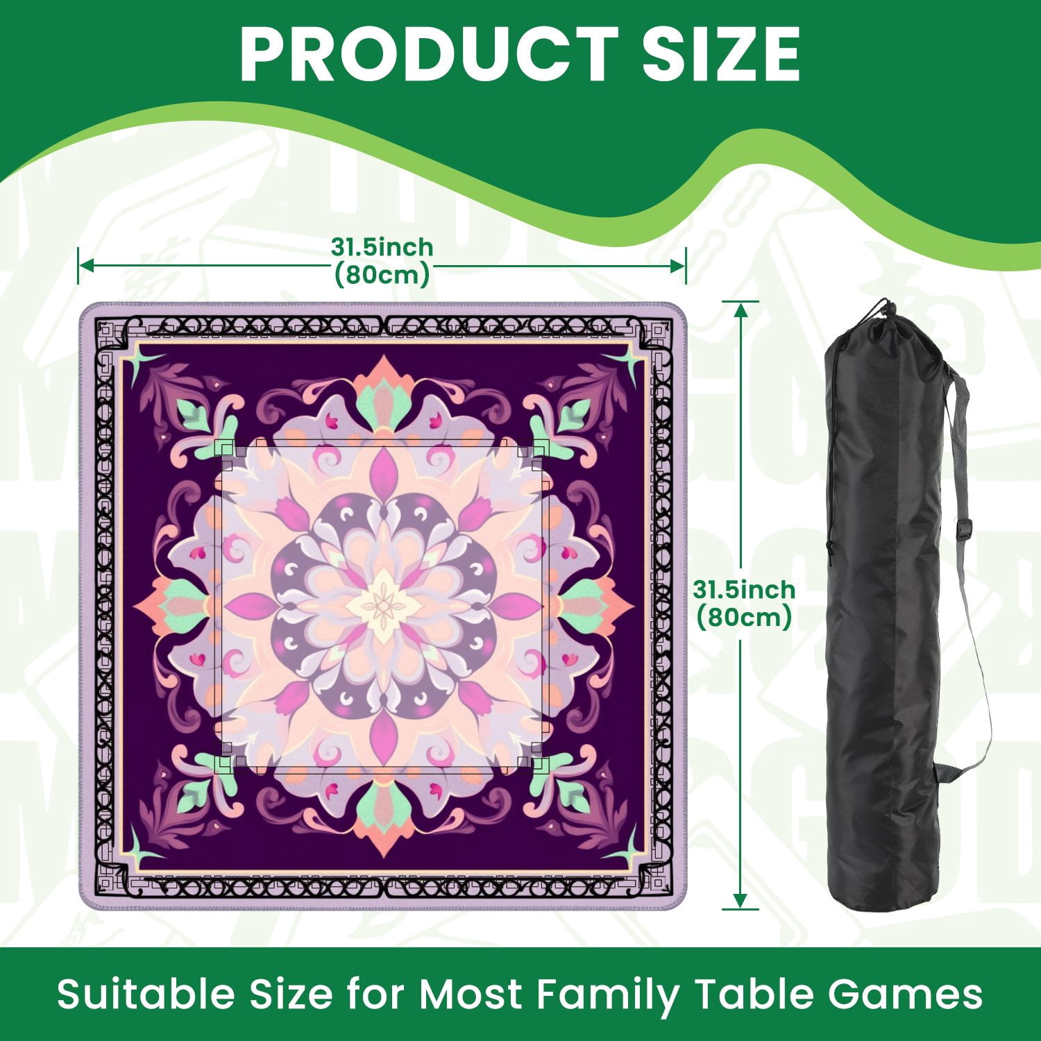 Mahjong Mat 31.5" x 31.5" Ornamental Floral Mandala Purple Pink Pastel Accents Non-Slip Noise Reduction American Mahjong Tiles Table Cover for Dominoes Poker Card Board Games Gift