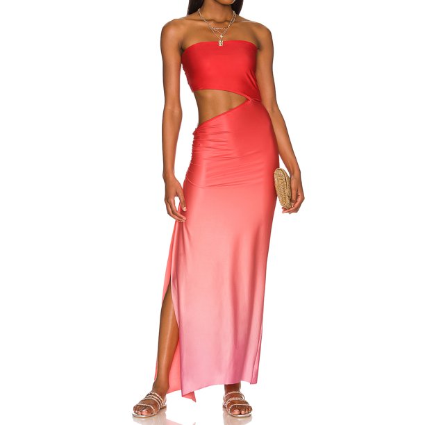 Txlixc Vestido de mujer sin tirantes, degradado / sólido / cintura impresa con pliegues huecos Txlixc moda