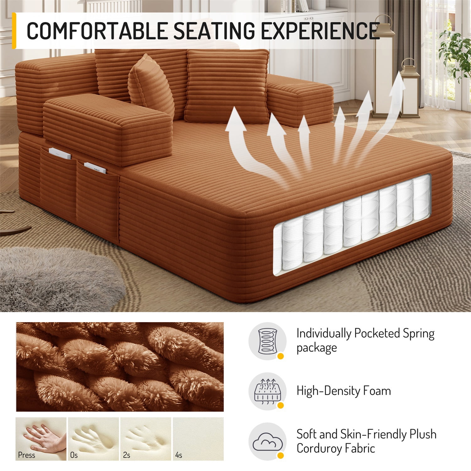 Hommoo Luxurious Plush Corduroy Chaise Lounge with 3 Pillows & Storage Pocket, Convertible Sofa Couch Bed Sleeper with Frameless Design & Compression Foam, Orange
