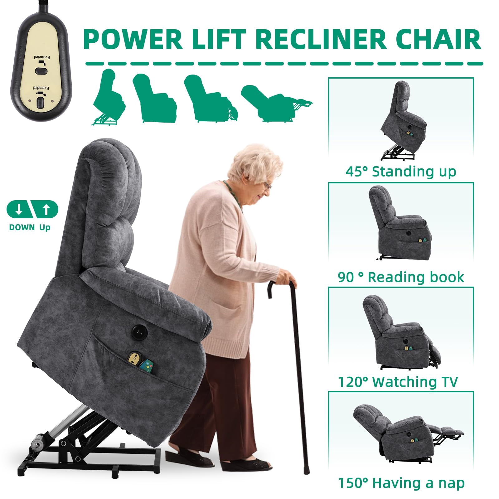VIVIJASON Large Power Lift Recliner Chair with Heat & Massage for Elderly Big People, Overstuffed Wide Electric Lift Chair with Extended Footrest, 2 Remote Controls, Side Pockets & USB Ports, Gray