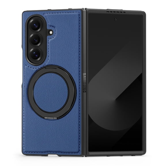 Corliven for Samsung Galaxy Z Fold 6 Case, PU Leather PC TPU Shock-Absorbing Back Cover with Kickstand, Blue