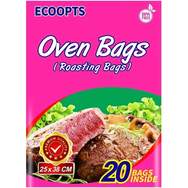 ECOOPTS Oven Bags - 20 Clear with Pink Interior, Disposable, Plastic Rectangular Bags with Drawstring Closure for Chicken, Meat, Seafood, Vegetable - 25x38 CM, Microwave Safe, Leak Resistant
