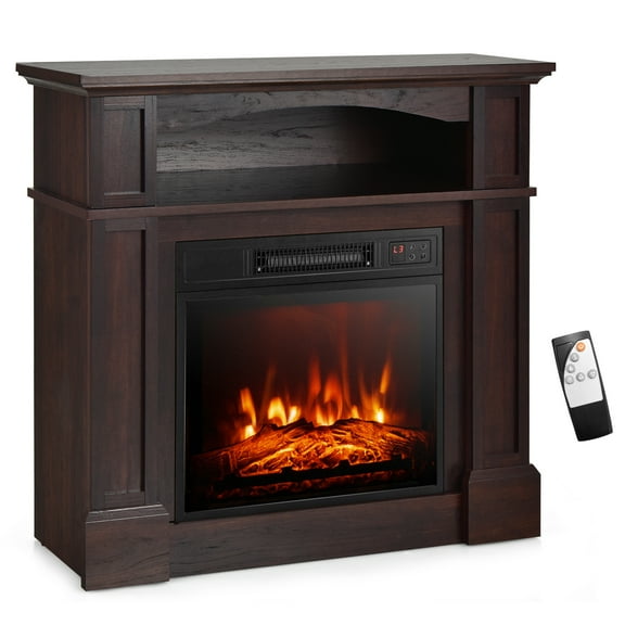Topbuy 32" Electric Fireplace with Mantel 1400W Freestanding Heater with Remote Control & Adjustable Brightness Brown