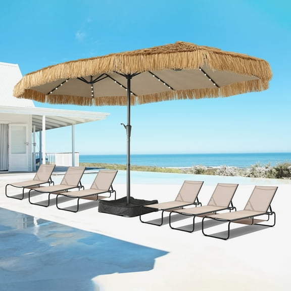 Autlaycil 15 ft Solar Outdoor Tiki Umbrella with Sandbags Base, 48 LED Lights, and 6 pcs Patio Lounge Chairs with Storage, Pool Lounge Chairs with Adjustable 5-Position Recliner