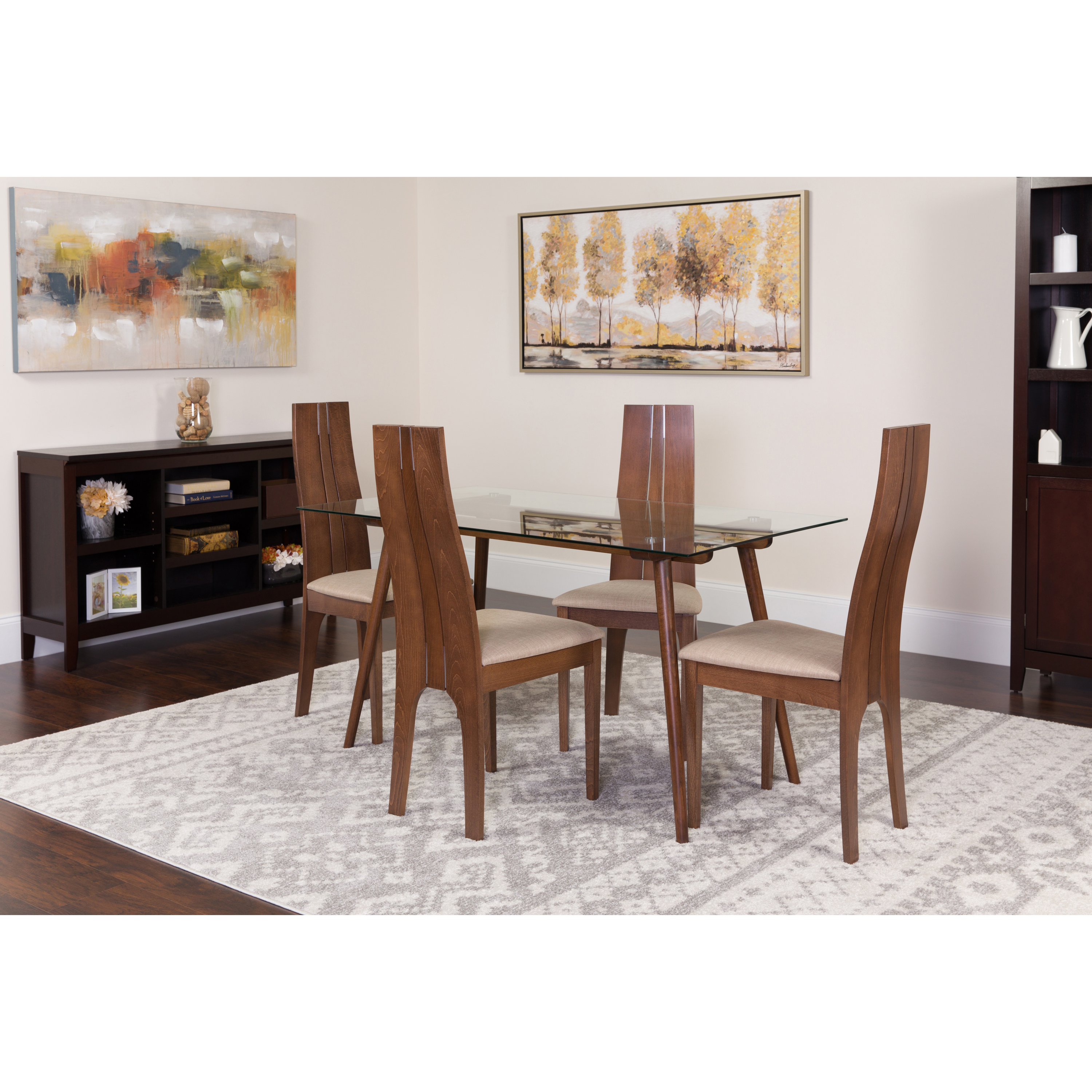 Flash Furniture Concord 5 Piece Walnut Wood Dining Table Set with Glass
