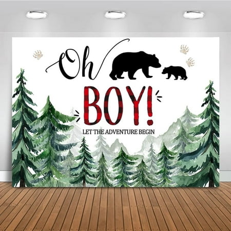 Image of Adventure Baby Shower Backdrop Mountain Bear Oh Boy Party Background Pine Trees Forest Baby Shower Party Decoration Banner Photo Booth Props (7x5ft)