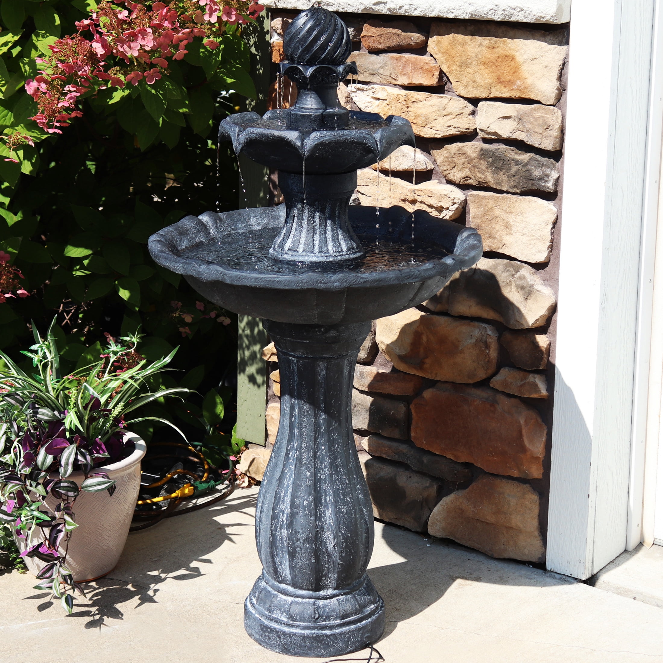 Sunnydaze Arcade Black Polyresin 2-Tier Solar Fountain with Battery