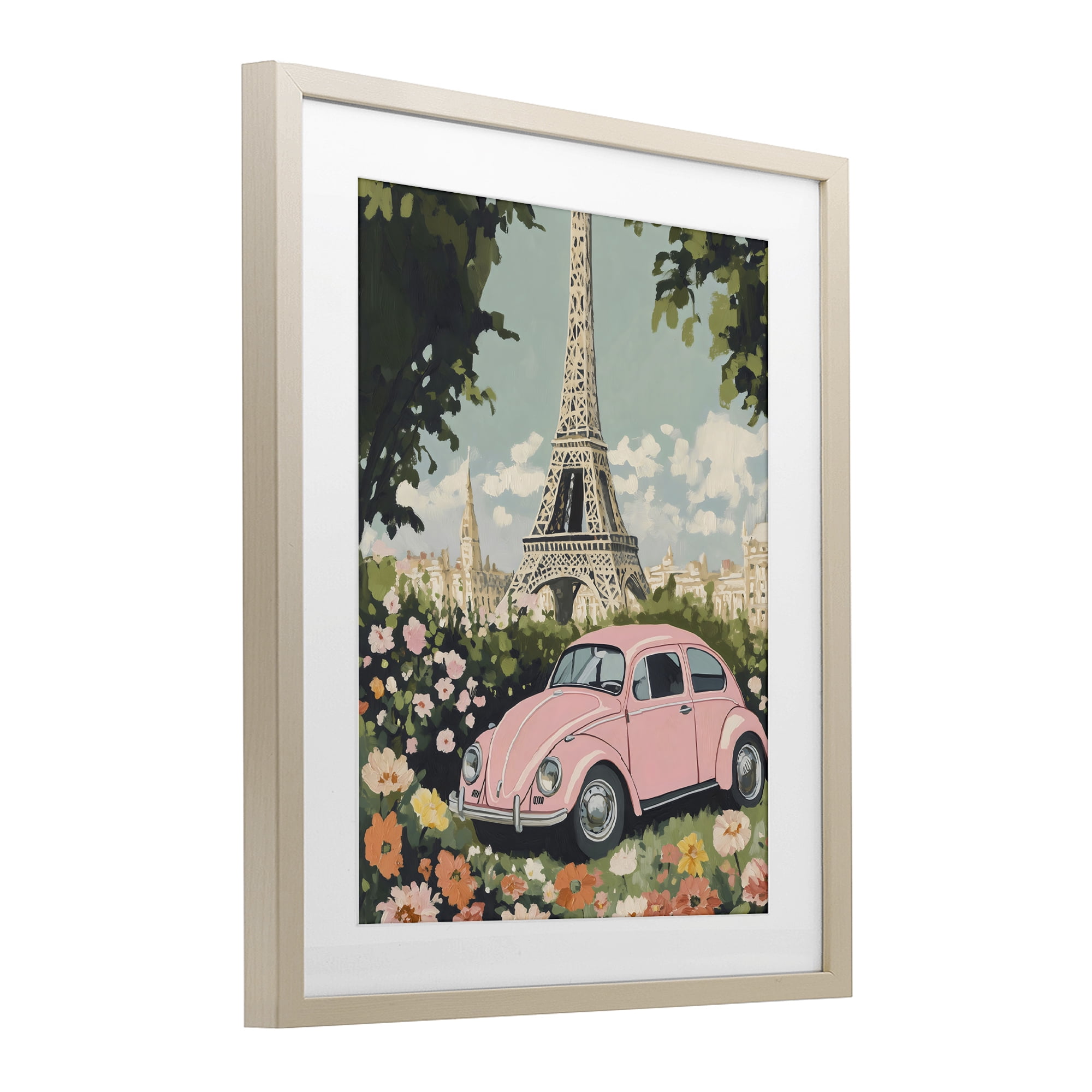 Stupell Industries Paris Pink Car in Bloom Birch Framed Print Under Glass, design by The Prints Vibe
