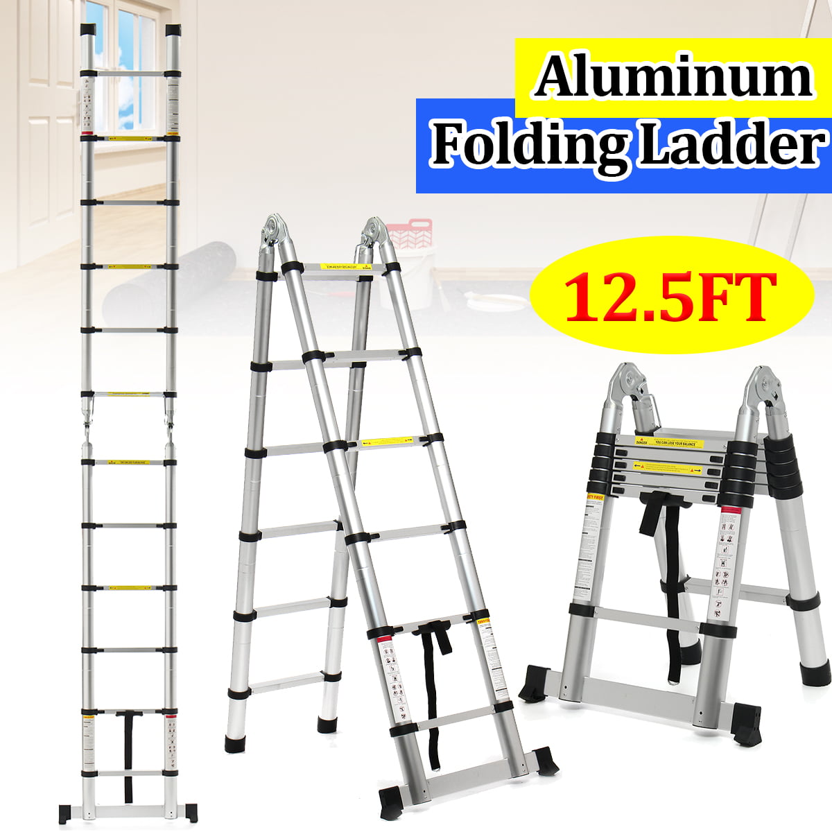 16.5FT Aluminum Multi-Purpose Extention Ladder Folding Telescopic A Frame Shape 