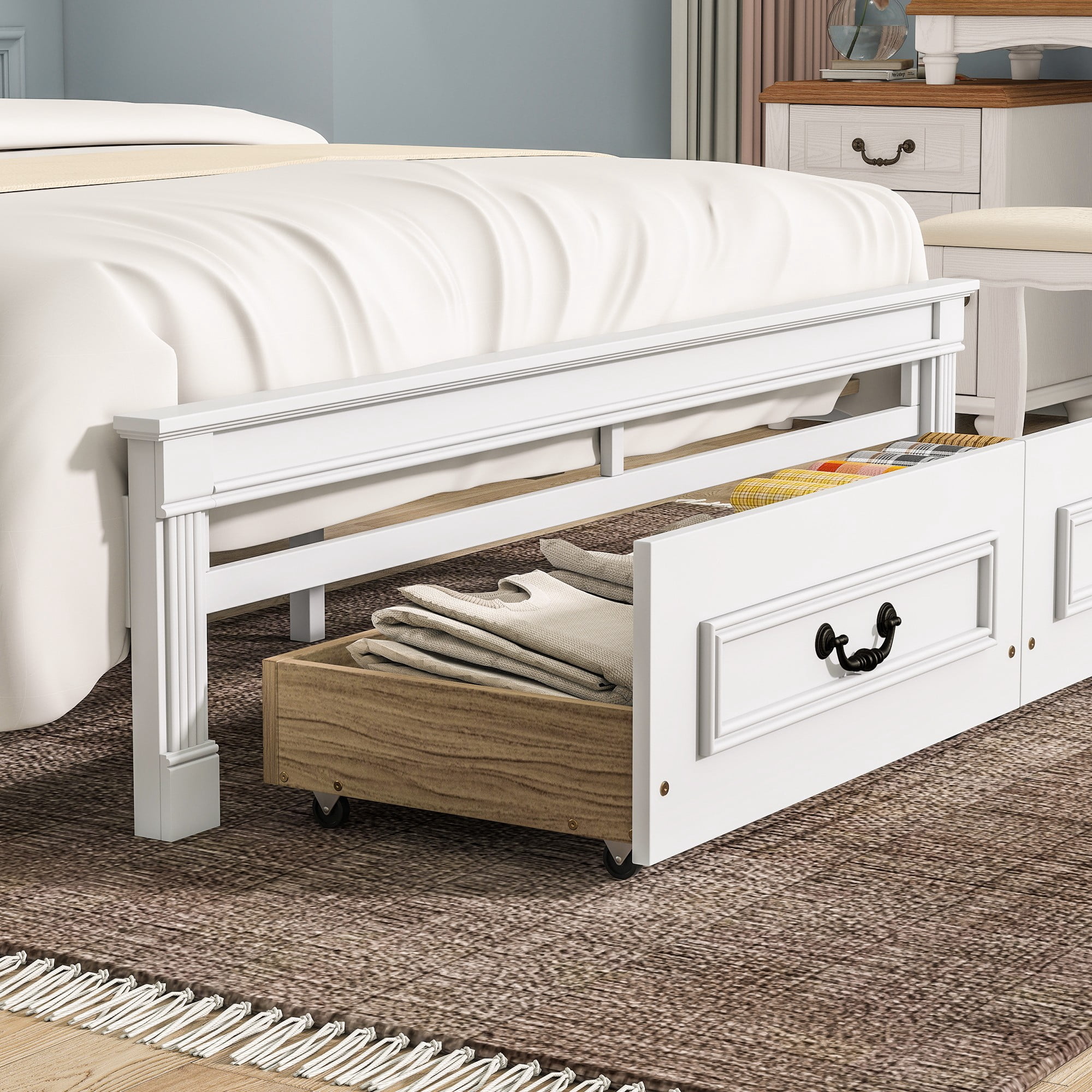 Aukfa Queen Size Storage Bed Frame with 46" Tall LED Headboard, USB & Type-C Charging Station, Farmhouse Solid Wood Platform Bed with Drawers, White