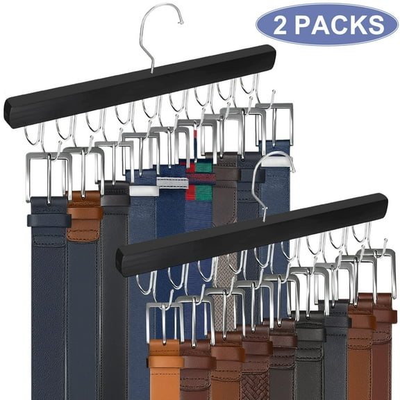 Topsome Belt Hanger for Closet, 2 Pack Sturdy Wood Belt Organizer with 18 Hooks Tie Belt Rack for Storage Max 54 Belts, Belt Holder Space Saving, Black