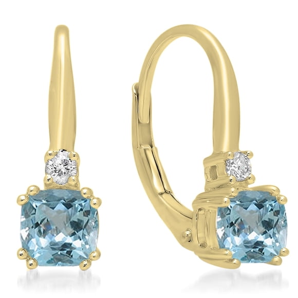 Dazzlingrock Collection Boucles d'Oreilles Pendantes pour Femmes 10K 5 mm Chaque Coussin Aigue-Marine & Diamant Rond Blanc, Or Jaune