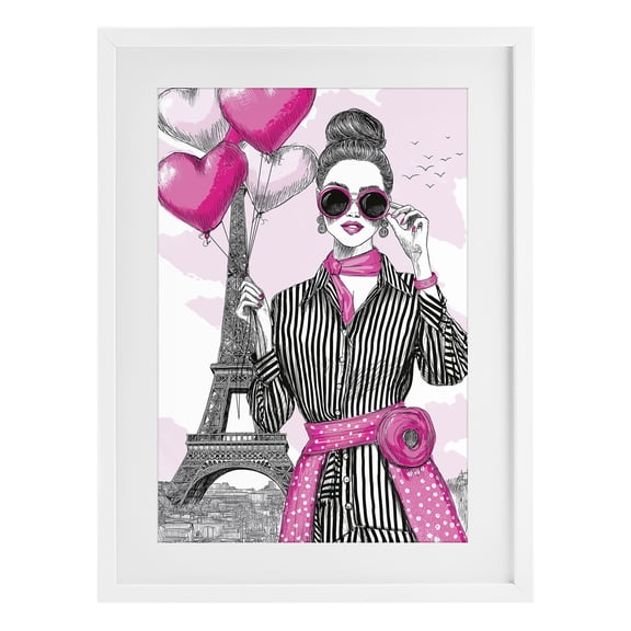 Stupell Industries Parisian Chic Woman with Balloons White Framed Print Under Glass, design by Jess Stempel