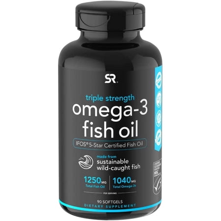 Sports Research Triple Strength Omega 3 Fish Oil Supplement - EPA & DHA Fatty Acids from Wild Alaskan Pollock - Heart, Brain & Immune Support for Adults, Men & Women - 1250 mg Capsules (90 ct)