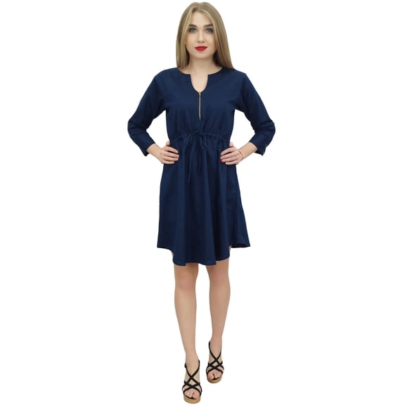 Bimba Women's Short Denim Casual Dress Dark Blue Drawstring Waist Dresses - 8