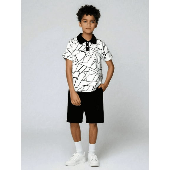 Teen Boys Summer Geographical Printing White Lapel Shirt Elastic Shorts 2Pcs Clothes From 8-12Y