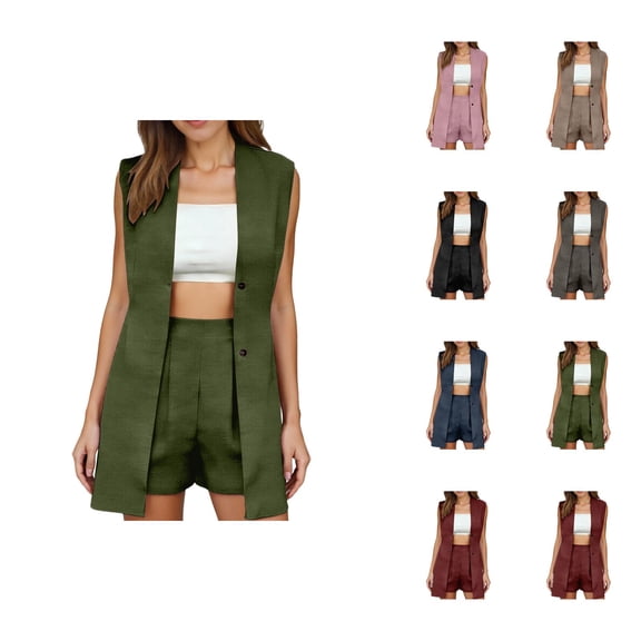 Short Sets for Women Sleeveless V Neck Long Cardigan Vest and Shorts 2 Piece Matching Set Business Casual Work Sets