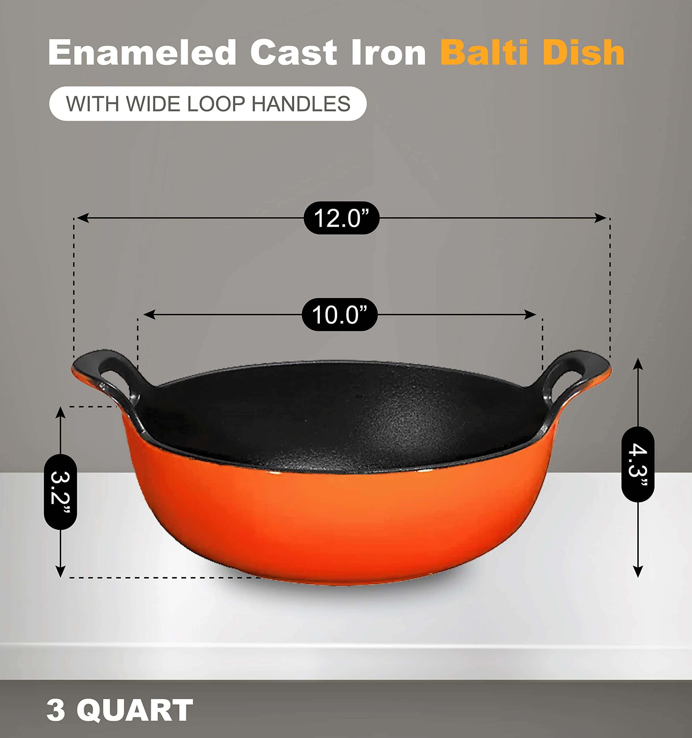 Bruntmor Enameled Cast Iron Balti Dish With Wide Loop Handles, 3