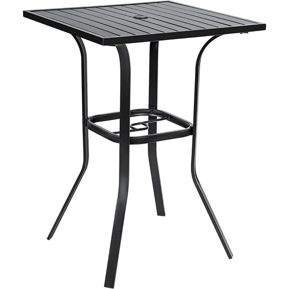 ZALIX Patio Bar High 39” Table Metal Frame Outdoor Bar Bistro Table, Slatted Table Top with 1.57" Umbrella Hole, Classic Black