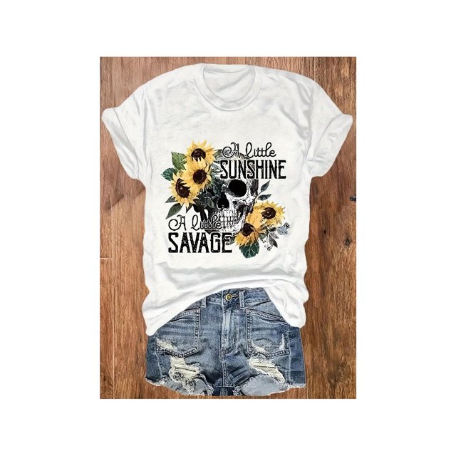 Girl's Skull &Amp; Sunflower Graphic T-Shirt - "A Little Sunshine A Little Savage" Casual Short Sleeve Round Neck Tee, Machine Washable All-Season Top, Halloween Clothes, Seasonal Casualwear, Bold Pr
