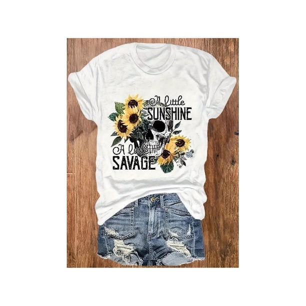 Women's Skull & Sunflower Graphic T-Shirt - "A Little Sunshine A Little Savage" Casual Short Sleeve Round Neck Tee, Machine Washable All-Season Top, Halloween Clothes, Seasonal Casualwear, Bold P