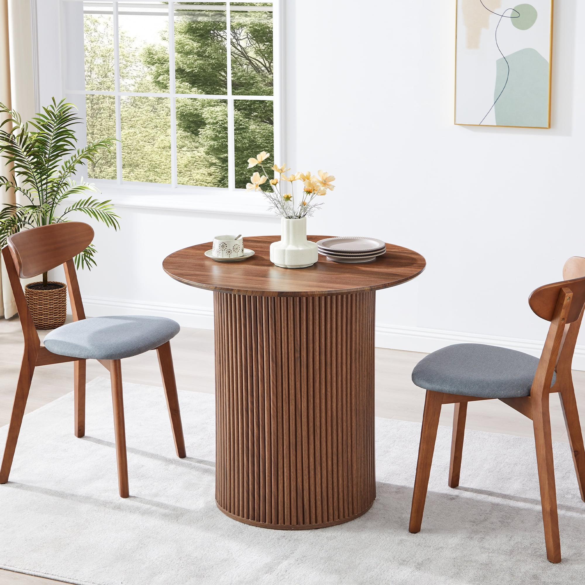 PHOYAL Fluted Small Round Dining Table for 2, 31.5 Inch Circle Dining Table for Kitchen Small Space Apartment, Walnut