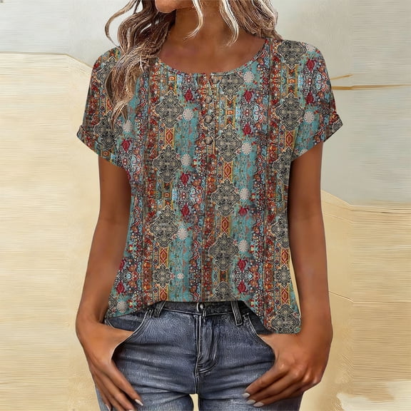 Aimik Women's Casual T-shirt Fashion Print Short Sleeve Round Neck Base Tee Summer Loose Comfort Top
