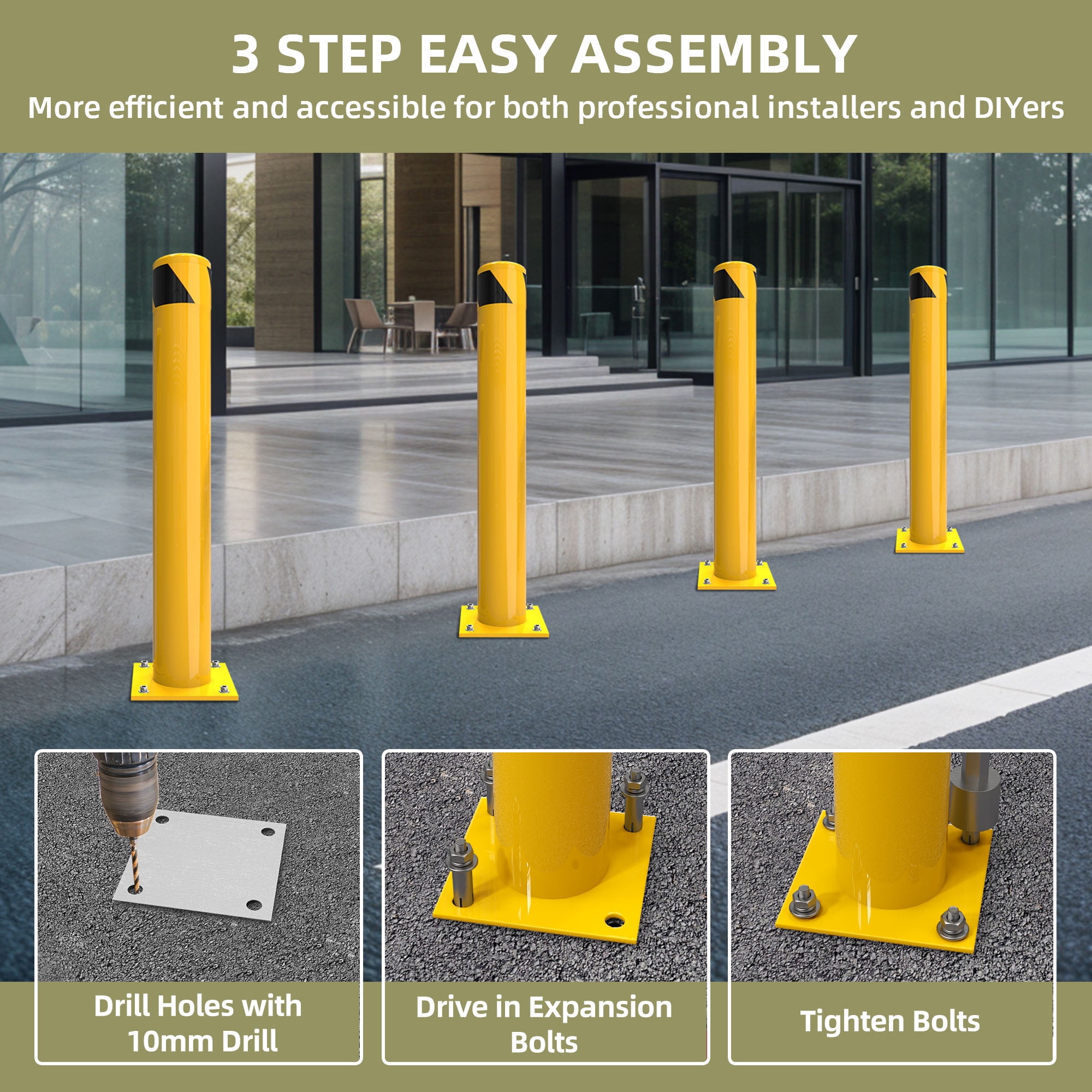 Uforic 1-Piece 42" x 4.5" Steel Safety Bollard Post – Fluorescent Yellow Traffic Barrier for Parking Lots