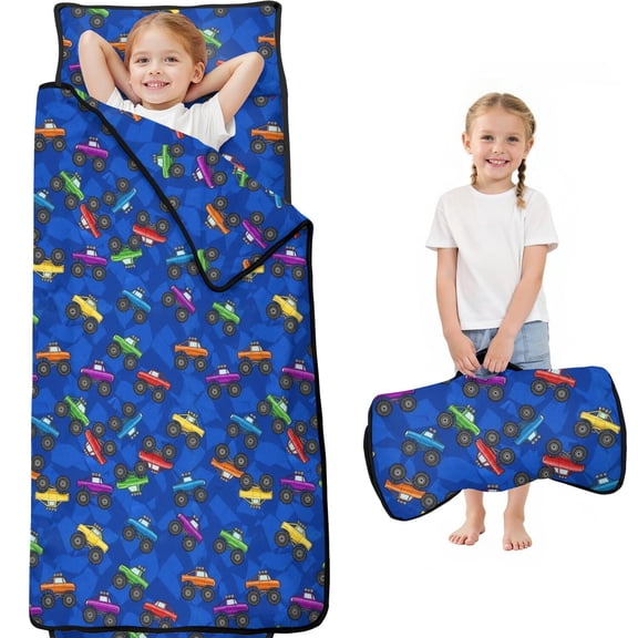 Monster Cartoon Truck Blue Pattern Teens Toddler Nap Mat with Pillow, Sleeping Mat Bag for Preschool Daycare 59"x22"