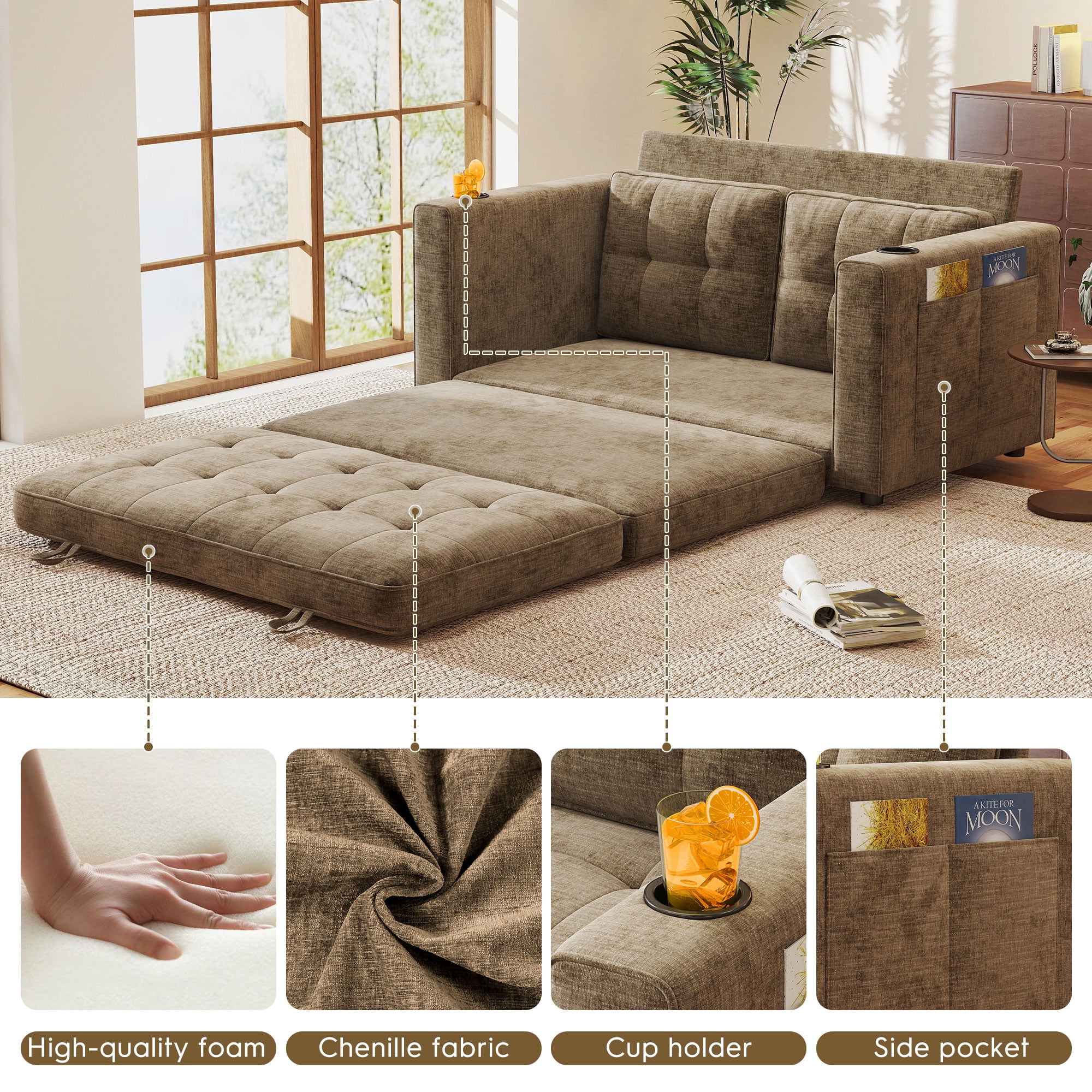 BedLuxury 55" Foldable Loveseat Futon Sofa Bed with Cup Holder & Storage Pocket, Sleeper Couch, Space Saving, Chenille Brown