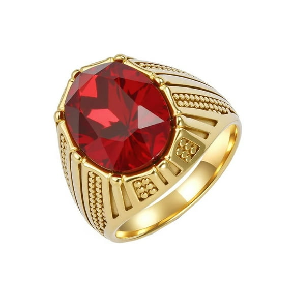 HIJONES Women Men's Oval Gemstone Stainless Steel Diamond Ring Vintage Personalized Hip Hop Ring Band Jewelry Gold Red Size 12