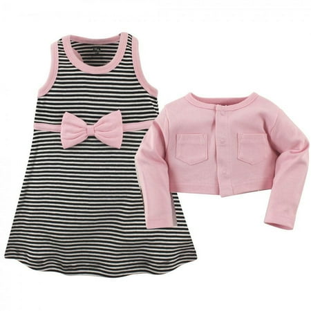 UPC: 0660168507256 | Hudson Baby Infant and Toddler Girl Cotton Dress and Cardigan 2pc Set Light Pink Black 0-3 Months