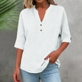 thumbnail image 6 of Cotton Linen Tops for Women 3/4 Sleeve V Neck T-Shirt with Buttons Solid Color Loose Fit Casual Summer Tees (M, White), 6 of 8