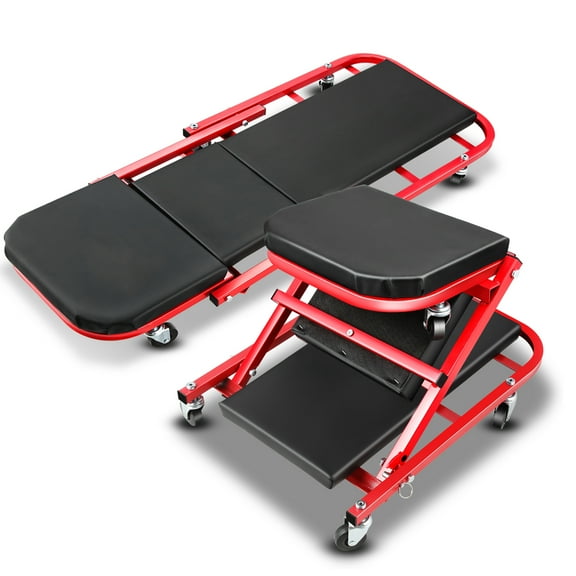 ‎40 Inches 2 IN 1 Rolling Folding Car Creeper Seat 6 Pcs 2" Casters Red