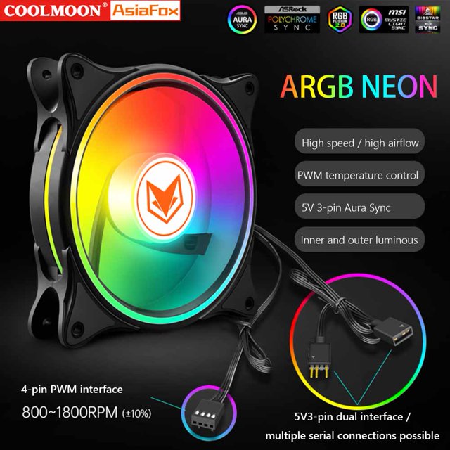 Ventiladores De Chasis COOLMOON Refrigeración por agua 12V 4 Pin PWM 5V 3Pin ARGB Aura Sync PC Ventilador con carcasa (Negro)